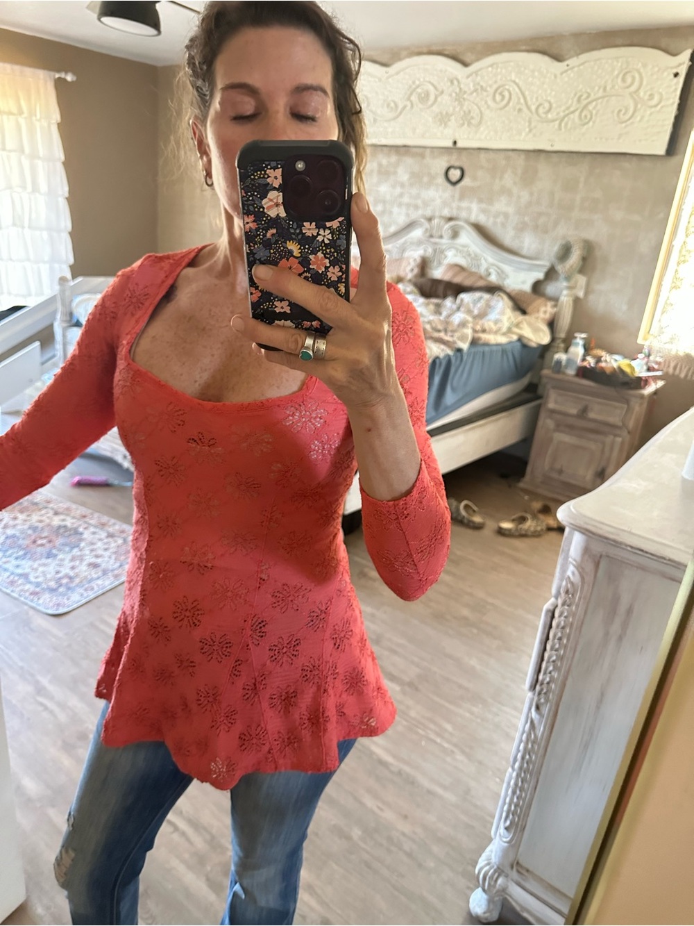 Free peopleCoral Lace Peplum Top